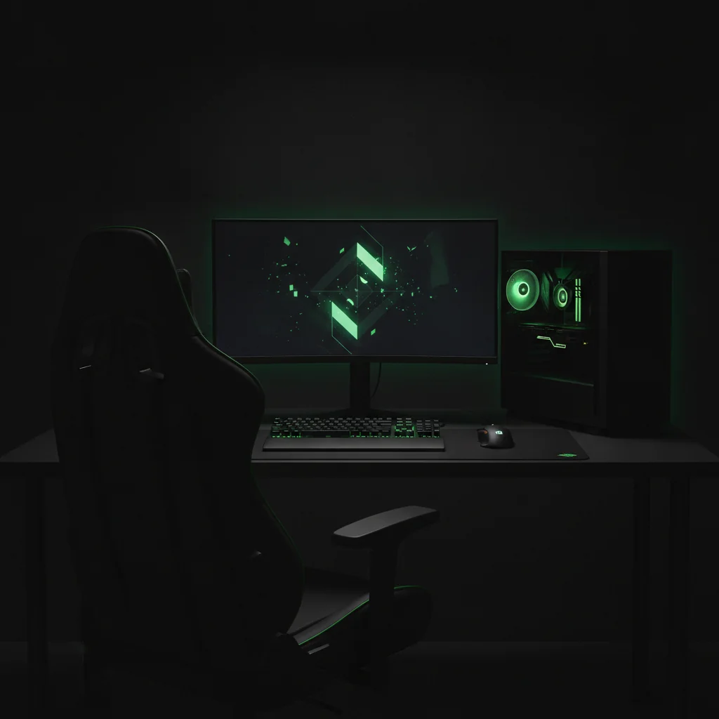 Gaming-Setup bei Nacht: Monitor, beleuchtete Tastatur und Gaming-PC mit grünem Licht