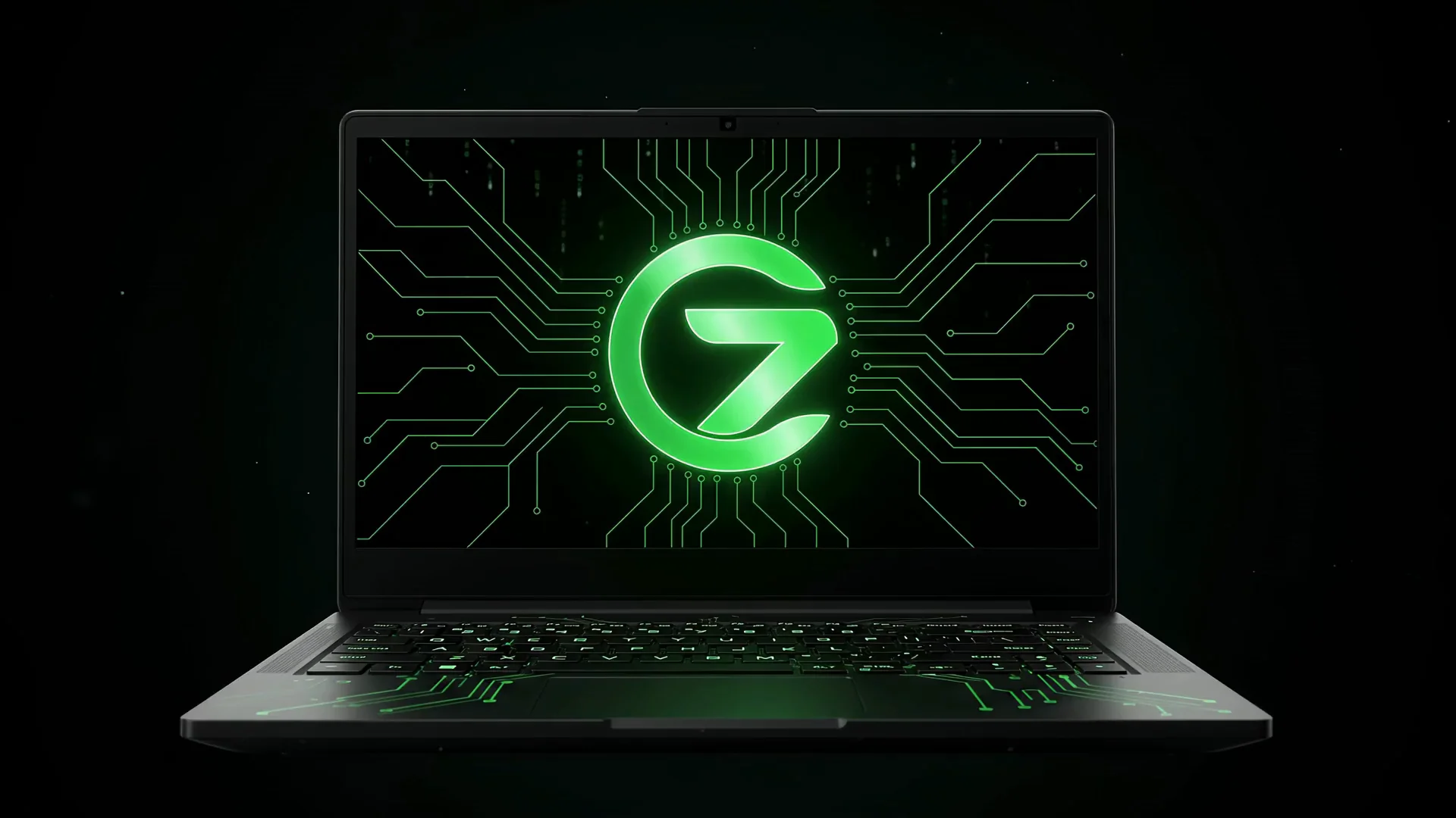Aufgeklappter Laptop, auf dem Bildschirm leuchtet das Logo des Computerzentrums Lübben