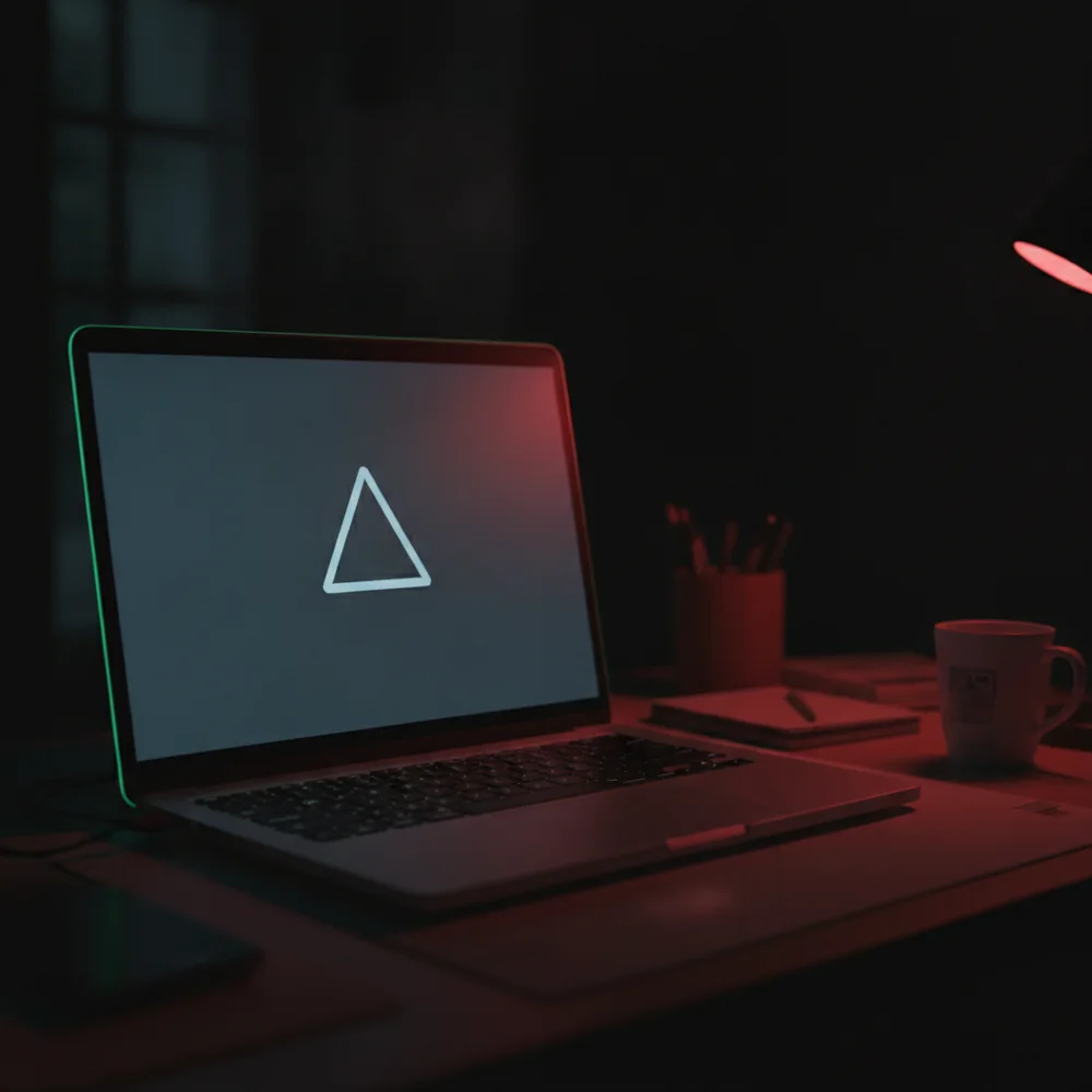 Laptop mit eingefrorenem Warnsymbol auf dem Bildschirm, spät abends am Schreibtisch